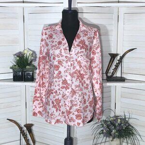 Zara Red Roses Floral Linen Shirt Light Pink XS